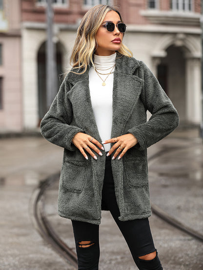 Autumn Winter Women Long Sleeved Collar Loose Mercerized Plush Casual Long Coat