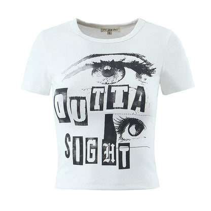 Women Clothing Large Eyes Letter Graphic Printed round Neck Short Sleeve High Elastic White T Shirt