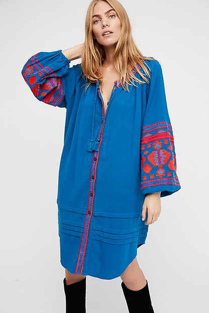 Women Spring and Autumn Bohemian Holiday Ethnic Embroidered Loose Cardigan Dress