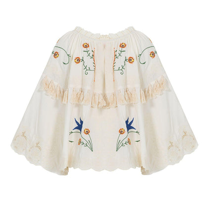 Women  Spring and Summer Bohemian Holiday Flower Embroidered Hollow Fringe Decorative Top