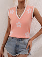 Spring Summer Women Clothing Printed V Neck Sleeveless Knitted Floral Pullover Women Knitwear