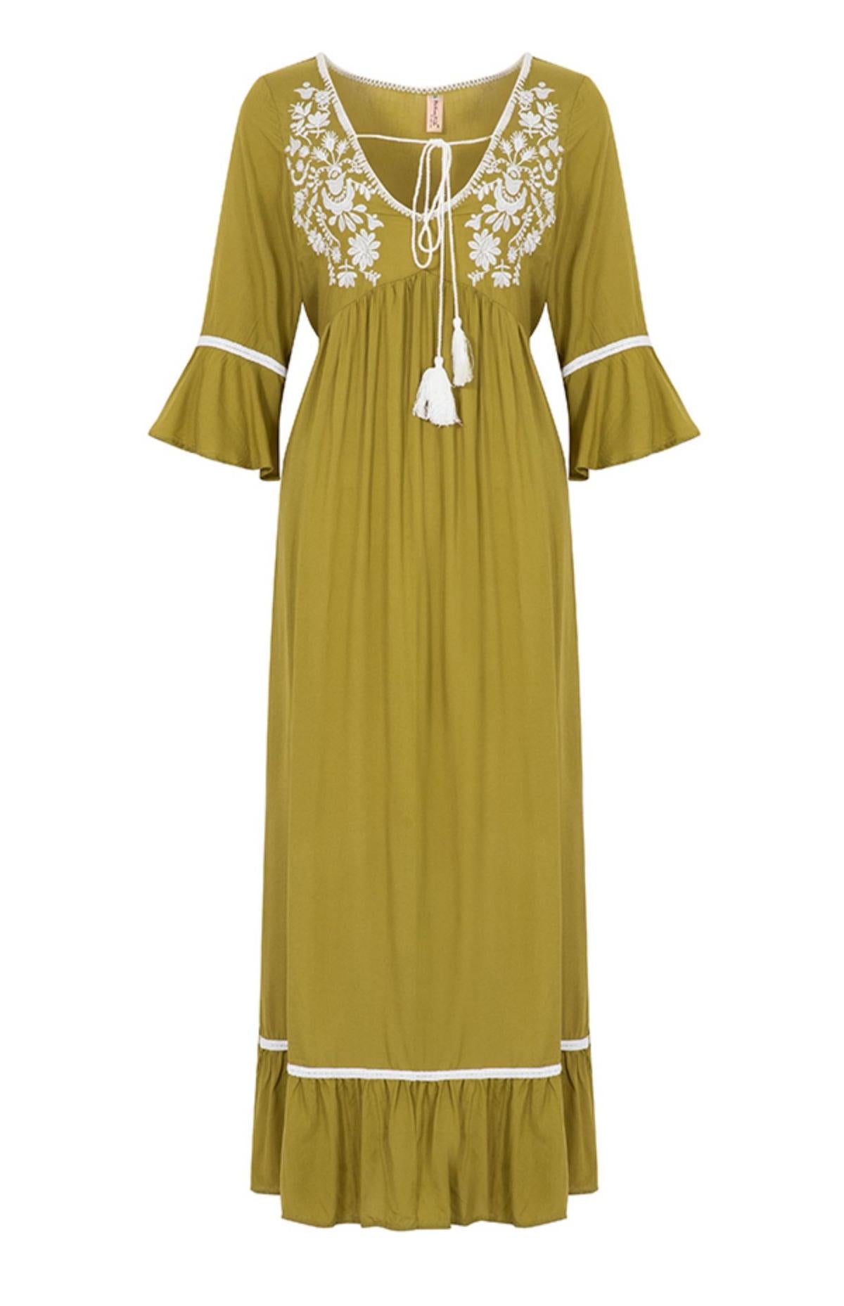 Women  Spring and Summer Bohemian Vacation Elegant Embroidered Solid Color Slits Long Dress