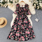 New French Vintage Chiffon Dress Tea Break Square Neck Flare Sleeves Waist Slim Girl Long Dress