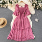 New French Vintage Chiffon Dress Tea Break Square Neck Flare Sleeves Waist Slim Girl Long Dress