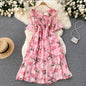 New French Vintage Chiffon Dress Tea Break Square Neck Flare Sleeves Waist Slim Girl Long Dress