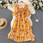 New French Vintage Chiffon Dress Tea Break Square Neck Flare Sleeves Waist Slim Girl Long Dress