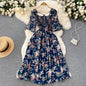 New French Vintage Chiffon Dress Tea Break Square Neck Flare Sleeves Waist Slim Girl Long Dress