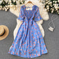 New French Vintage Chiffon Dress Tea Break Square Neck Flare Sleeves Waist Slim Girl Long Dress