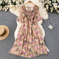 New French Vintage Chiffon Dress Tea Break Square Neck Flare Sleeves Waist Slim Girl Long Dress