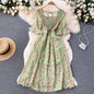 New French Vintage Chiffon Dress Tea Break Square Neck Flare Sleeves Waist Slim Girl Long Dress