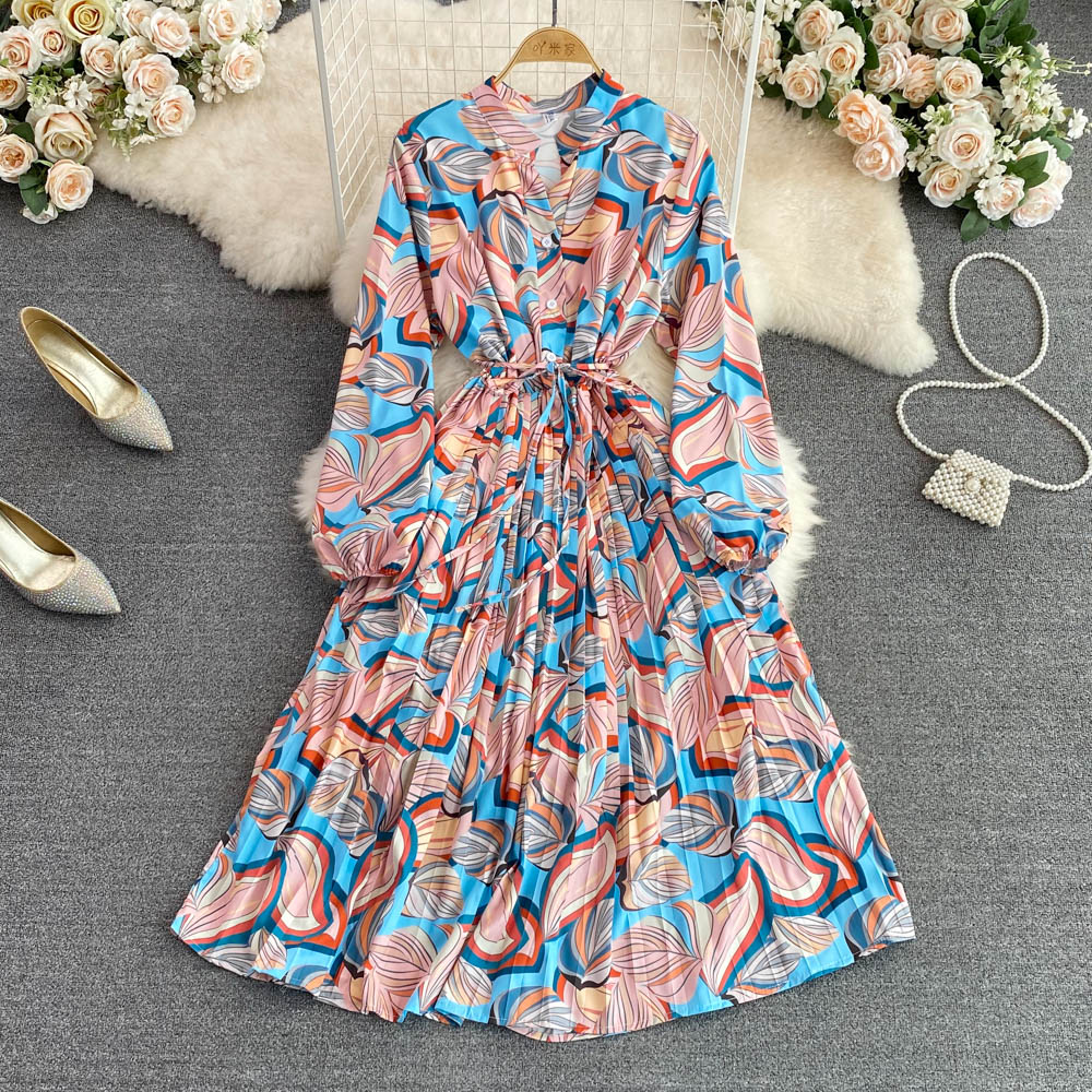 New V Neck Bubble Long Sleeve Waist Closing Print A Line Pleated Dress Elegant Temperament Large Hem Long