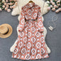 New Style Floral Dress Women High Waist Slim Polo Collar Long Sleeve A Line Dress