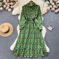 New Style Floral Dress Women High Waist Slim Polo Collar Long Sleeve A Line Dress