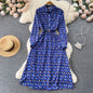 New Style Floral Dress Women High Waist Slim Polo Collar Long Sleeve A Line Dress