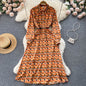 New Style Floral Dress Women High Waist Slim Polo Collar Long Sleeve A Line Dress