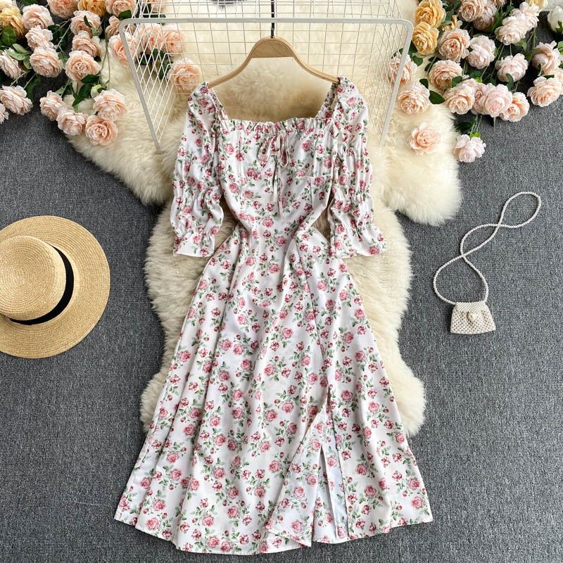 New Style Short Sleeved Floral Dress Women Square Neck Slim High Waist Split Mid Length Dress