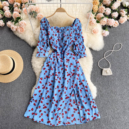 New Style Short Sleeved Floral Dress Women Square Neck Slim High Waist Split Mid Length Dress