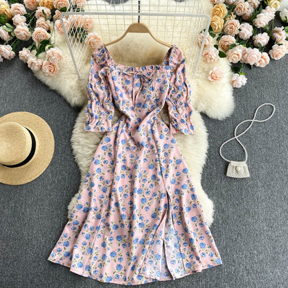 New Style Short Sleeved Floral Dress Women Square Neck Slim High Waist Split Mid Length Dress