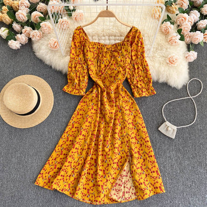 New Style Short Sleeved Floral Dress Women Square Neck Slim High Waist Split Mid Length Dress