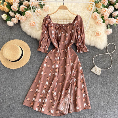 New Style Short Sleeved Floral Dress Women Square Neck Slim High Waist Split Mid Length Dress