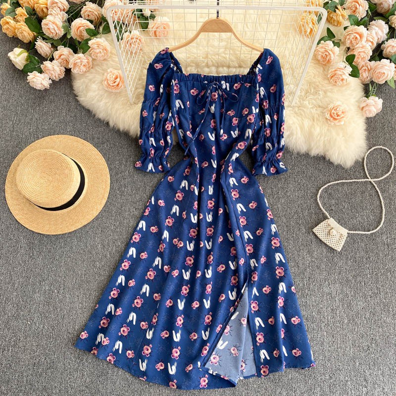 New Style Short Sleeved Floral Dress Women Square Neck Slim High Waist Split Mid Length Dress