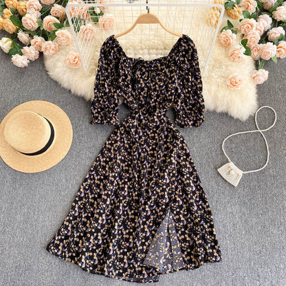 New Style Short Sleeved Floral Dress Women Square Neck Slim High Waist Split Mid Length Dress