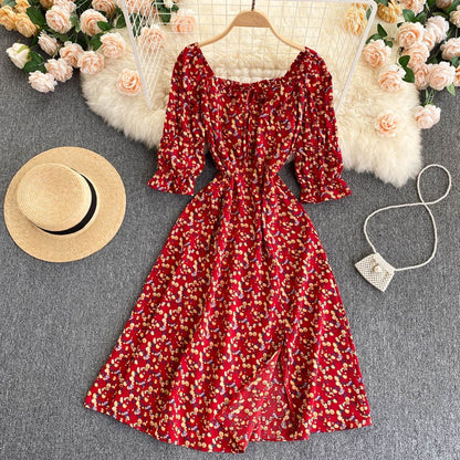 New Style Short Sleeved Floral Dress Women Square Neck Slim High Waist Split Mid Length Dress