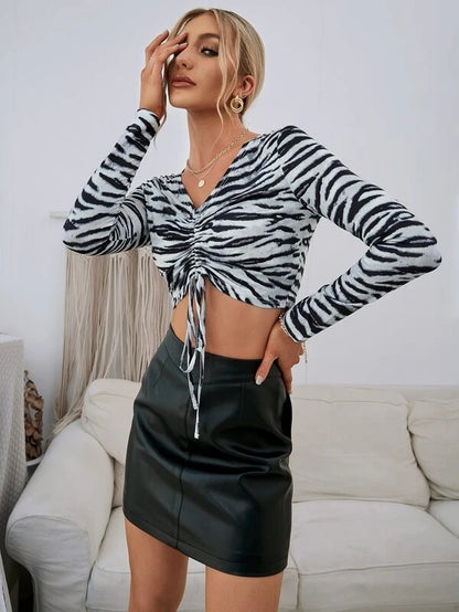 Women Spring Fall Long Sleeve Animal Print Tie Sexy Crop Top