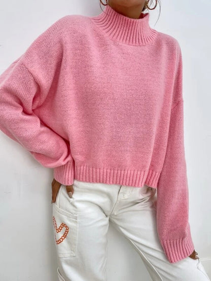 Women Fall Winter Long Sleeve Pink Solid Mock Neck Casual Sweater