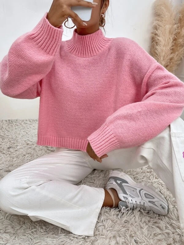 Women Fall Winter Long Sleeve Pink Solid Mock Neck Casual Sweater