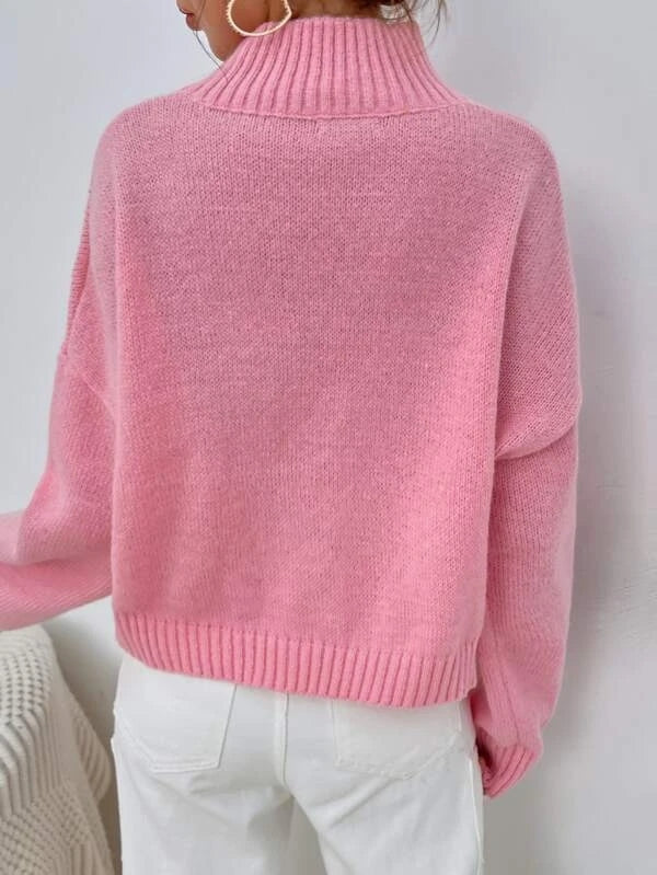 Women Fall Winter Long Sleeve Pink Solid Mock Neck Casual Sweater