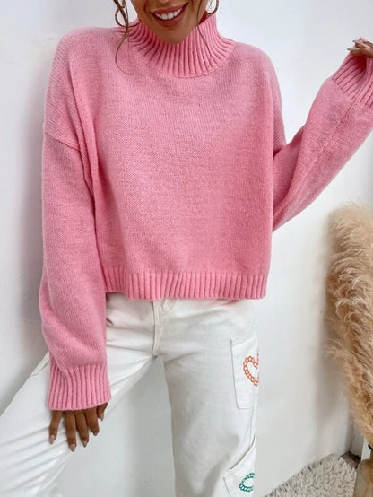 Women Fall Winter Long Sleeve Pink Solid Mock Neck Casual Sweater