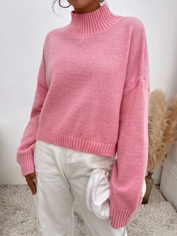 Women Fall Winter Long Sleeve Pink Solid Mock Neck Casual Sweater