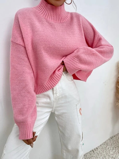 Women Fall Winter Long Sleeve Pink Solid Mock Neck Casual Sweater