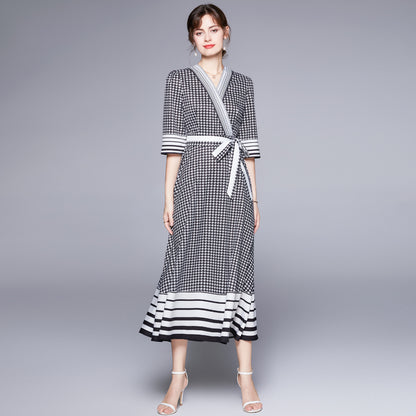 Fashion Elegant Check Lace Up Dress Simple Striped Stitching Printed Dress