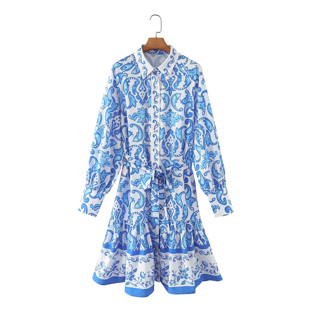 Women Clothing Printed Blue White Painted Long Sleeve V neck Loose Casual Dress Long