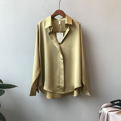 Spring Elegant Satin Shirt Women Long Sleeved Shirt Loose Solid Color Shirt