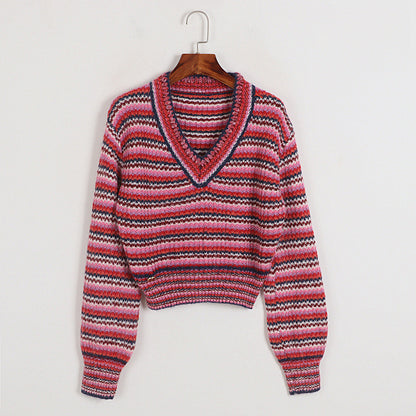 Classic V neck Thick Sweater Women Autumn Winter Women Clothing Socialite High Waist Petite Loose Pink Striped Sweater