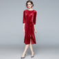 Autumn Winter New Three Quarter Sleeve Slim Wrap Buttock Velvet Dress Temperament Split Fishtail