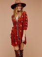 Women Spring and Summer New Bohemian V Neck Embroidered Dress