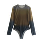 Fall Women Clothing Retro Wild Silk Net Printed Top Women Bodysuits