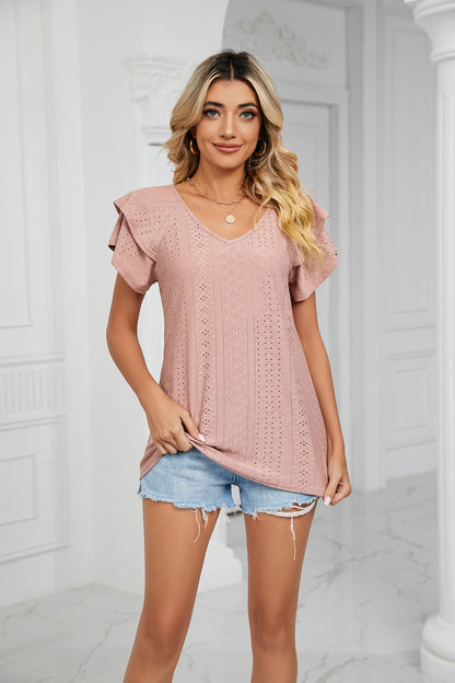 Spring Summer Solid Color Double Layer Sleeve V neck Loose Short Sleeve T shirt Top Women