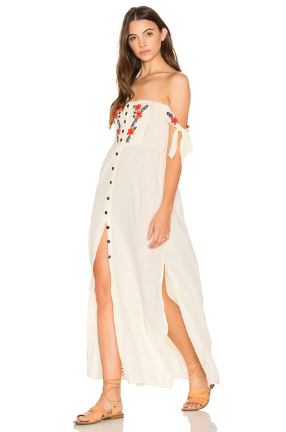 Women Summer New Bohemian Vacation Embroidered Dress Collar Shoulder Hanging Long Dress