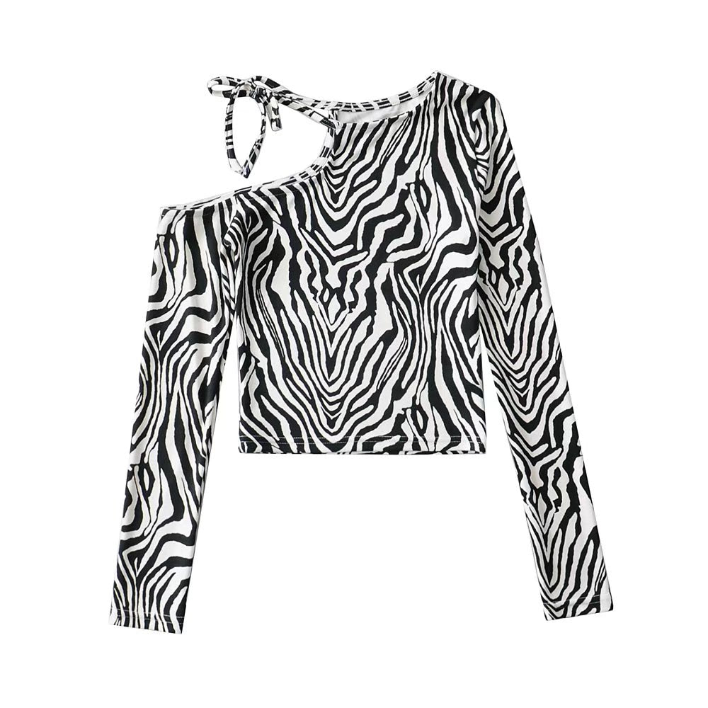 Oblique Shoulder Irregular Asymmetric Snake Pattern Printed Bottoming Shirt Fashionable Women Off Shoulder Long Sleeve T Shirt Top