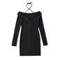 Spring Knitted Three Button Flanging Off Neck Halter Off Shoulder One Step Dress Short Dress