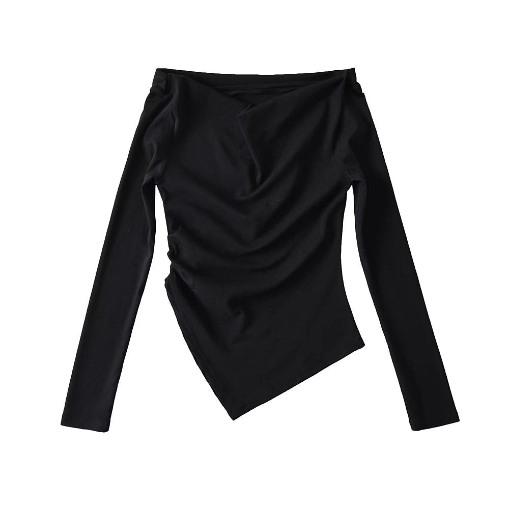 Sexy Off The Shoulder Pleated Bottoming Shirt Women Spring Swing Collar Solid Color Irregular Asymmetric Long Sleeve T Shirt