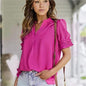 Women Clothing Summer V Neck Casual Short Sleeve Solid Color Chiffon Blouse Top Women
