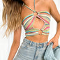 Women's Summer Sexy Halter Cut Out Lace Up Color Striped Backless Vest Women
