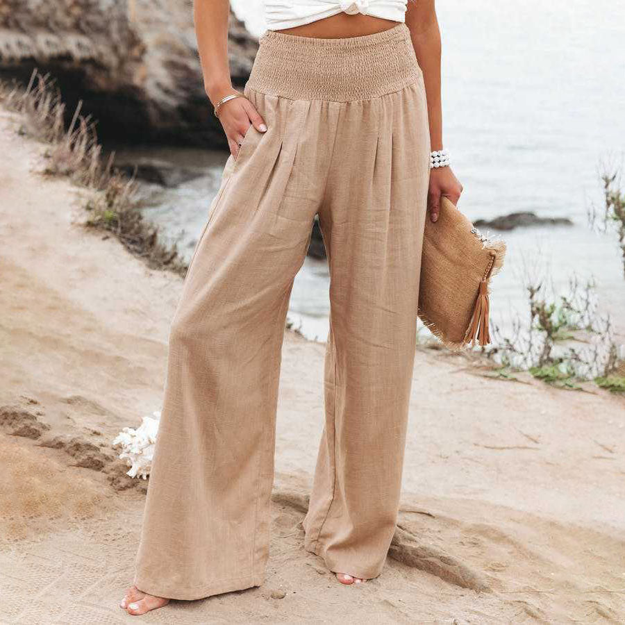 Spring Summer Women Clothing Cotton Linen Solid Color Elastic Waist Wide Leg Pants Casual Pants Trousers