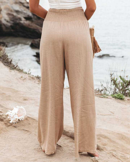 Spring Summer Women Clothing Cotton Linen Solid Color Elastic Waist Wide Leg Pants Casual Pants Trousers